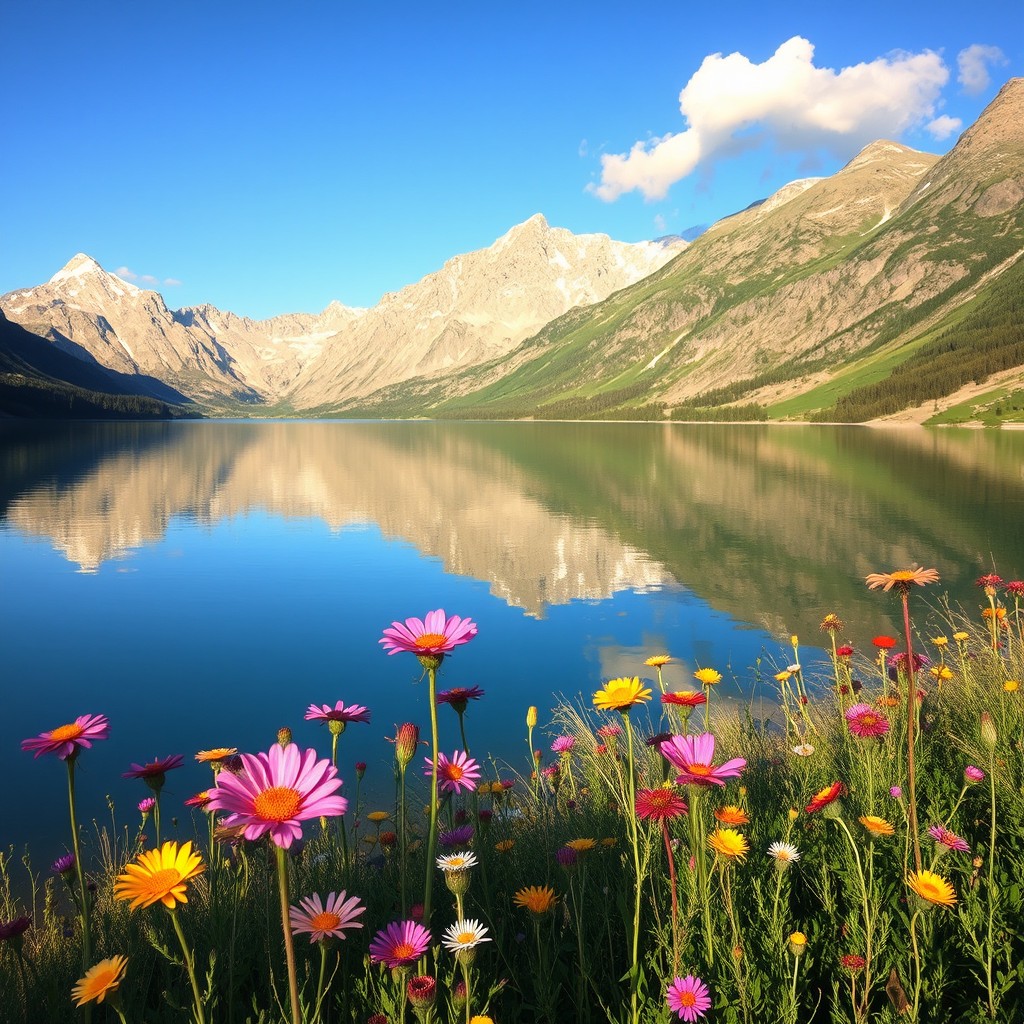 Enhance a photograph of a picturesque landscape featuring a serene lake surrounded by majestic mountains under a clear blue sky