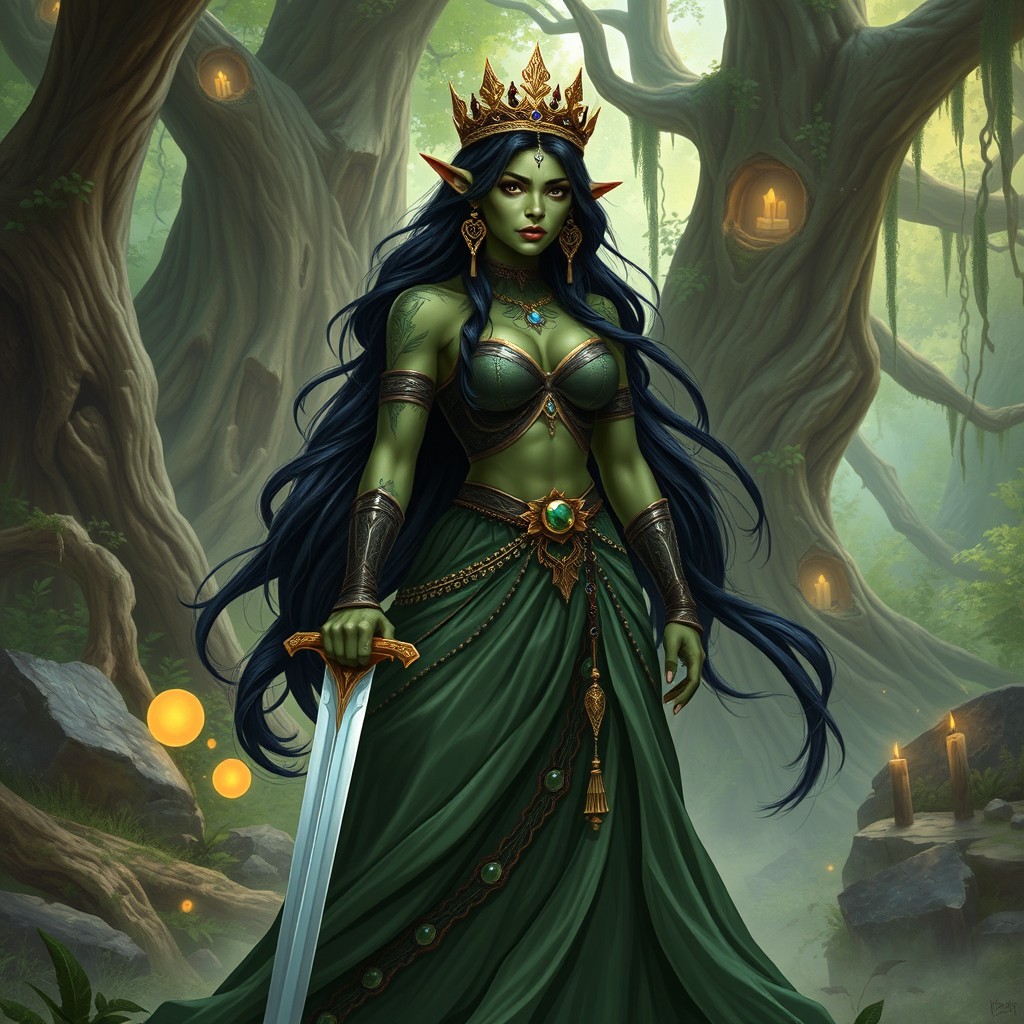 A powerful demi-orc princess stands confidently in an enchanted forest, adorned in a beautifully detailed, flowing gown that blends traditional orc elements with elegant royal style