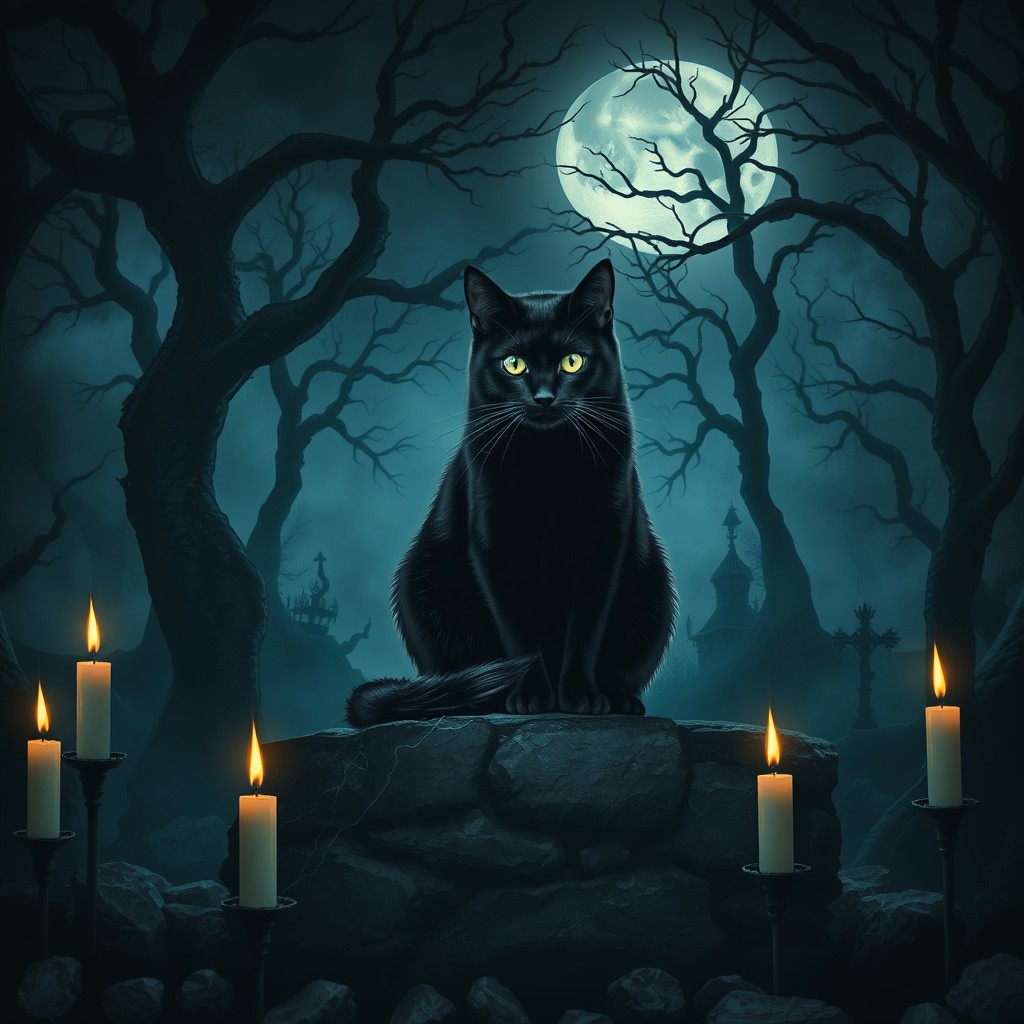 A dark, enchanting scene featuring a mysterious black cat with piercing green eyes sitting on an ancient stone altar surrounded by flickering candles and shadows