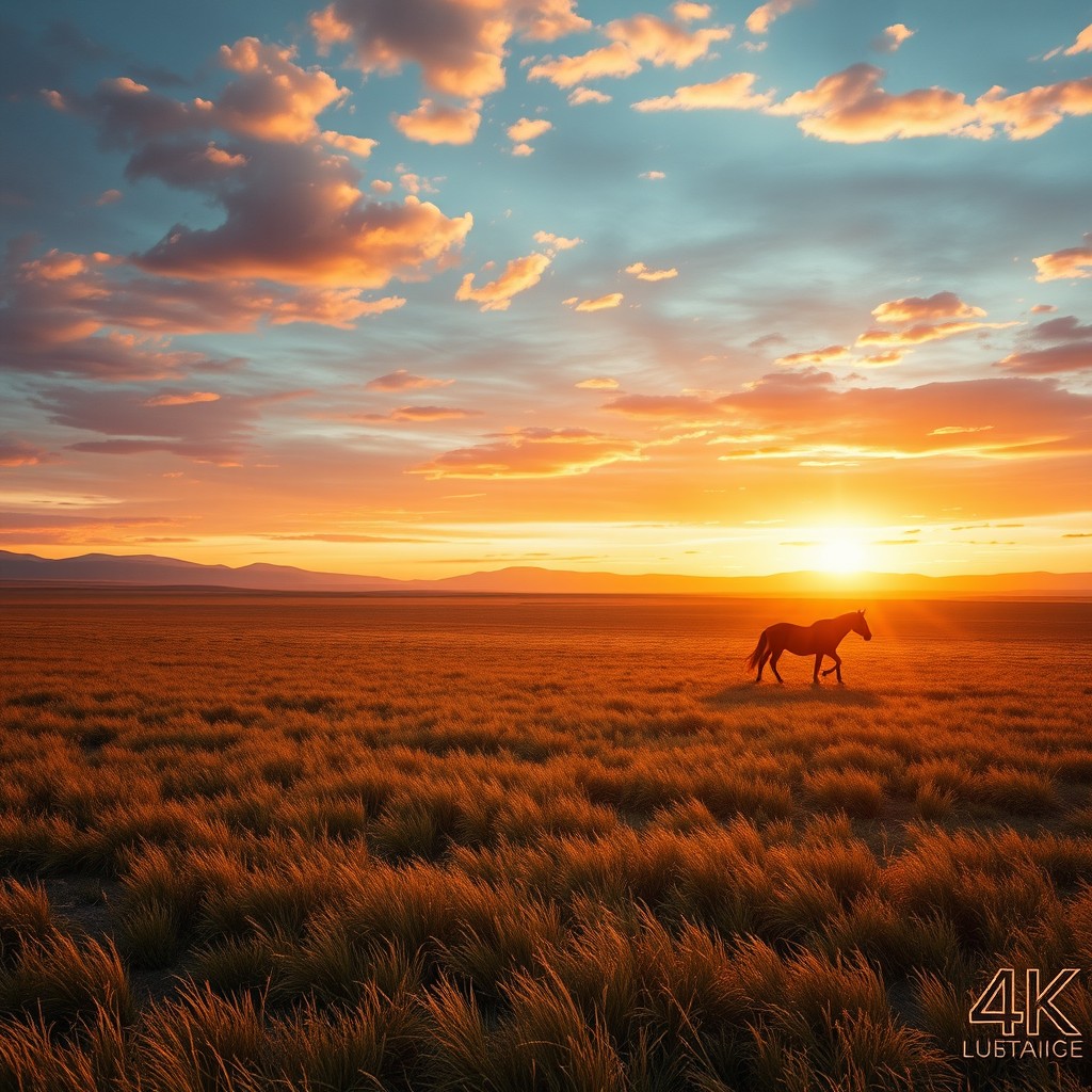 A vast Mongolian steppe at sunrise, bathed in dramatic golden light, with the distant sound of thunderous hooves echoing in the atmosphere