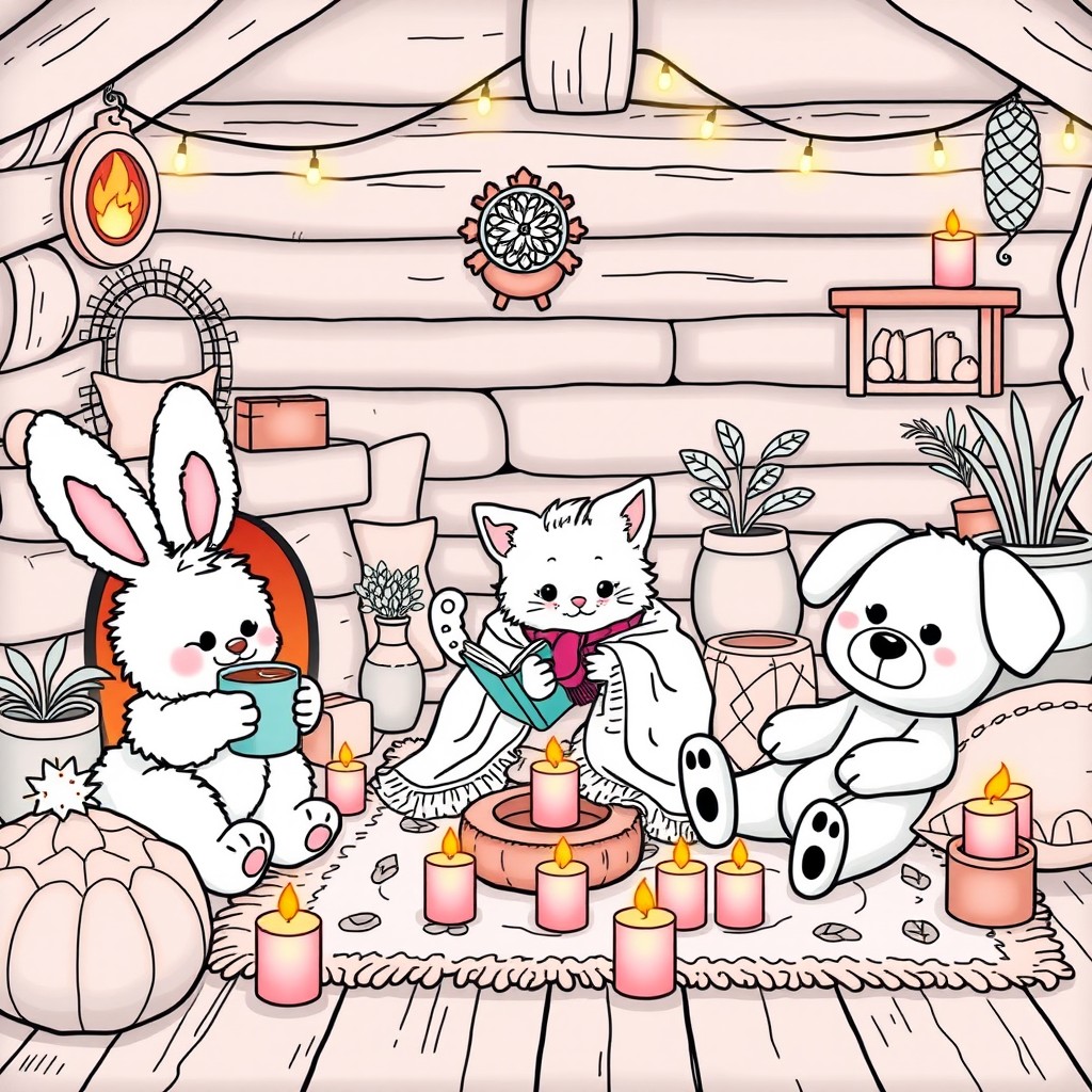A collection of super cute animal characters, including a fluffy bunny, a playful kitten, and a cheerful puppy, all engaging in cozy Hygge moments