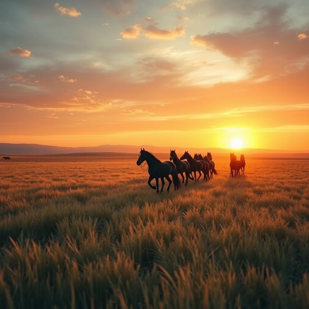 A vast windswept Mongolian steppe at sunrise, illuminated by the warm glow of golden hour light