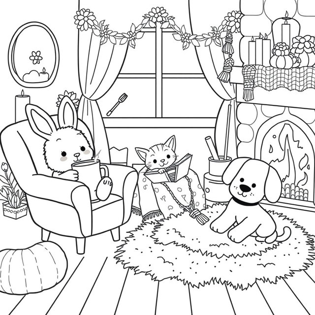 A black and white line art illustration for a cozy Hygge moments coloring book, featuring cute animal characters such as a fluffy bunny, a playful kitten, and a cheerful puppy