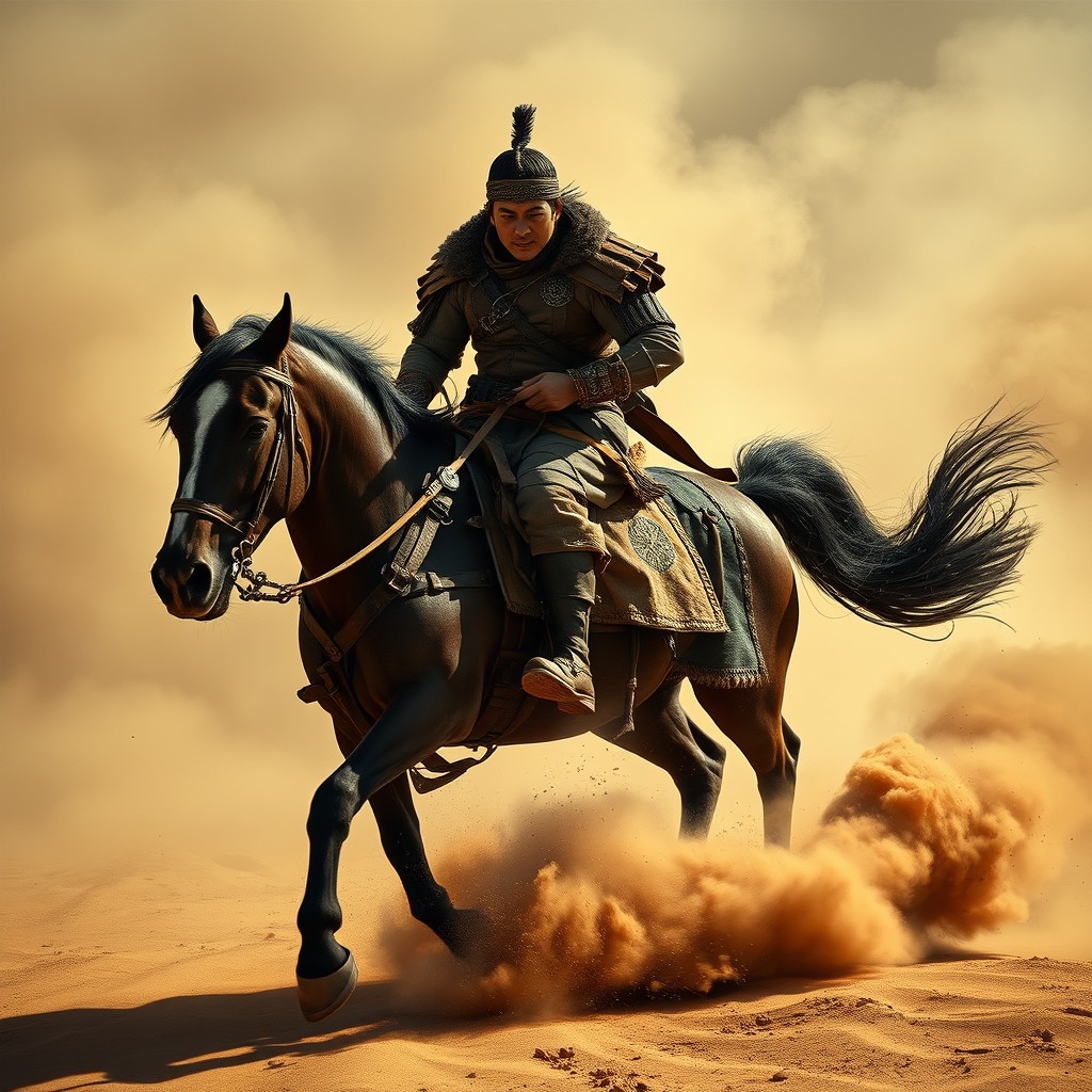 A lone Mongol warrior emerging from a swirling sandstorm, riding a powerful horse with determination