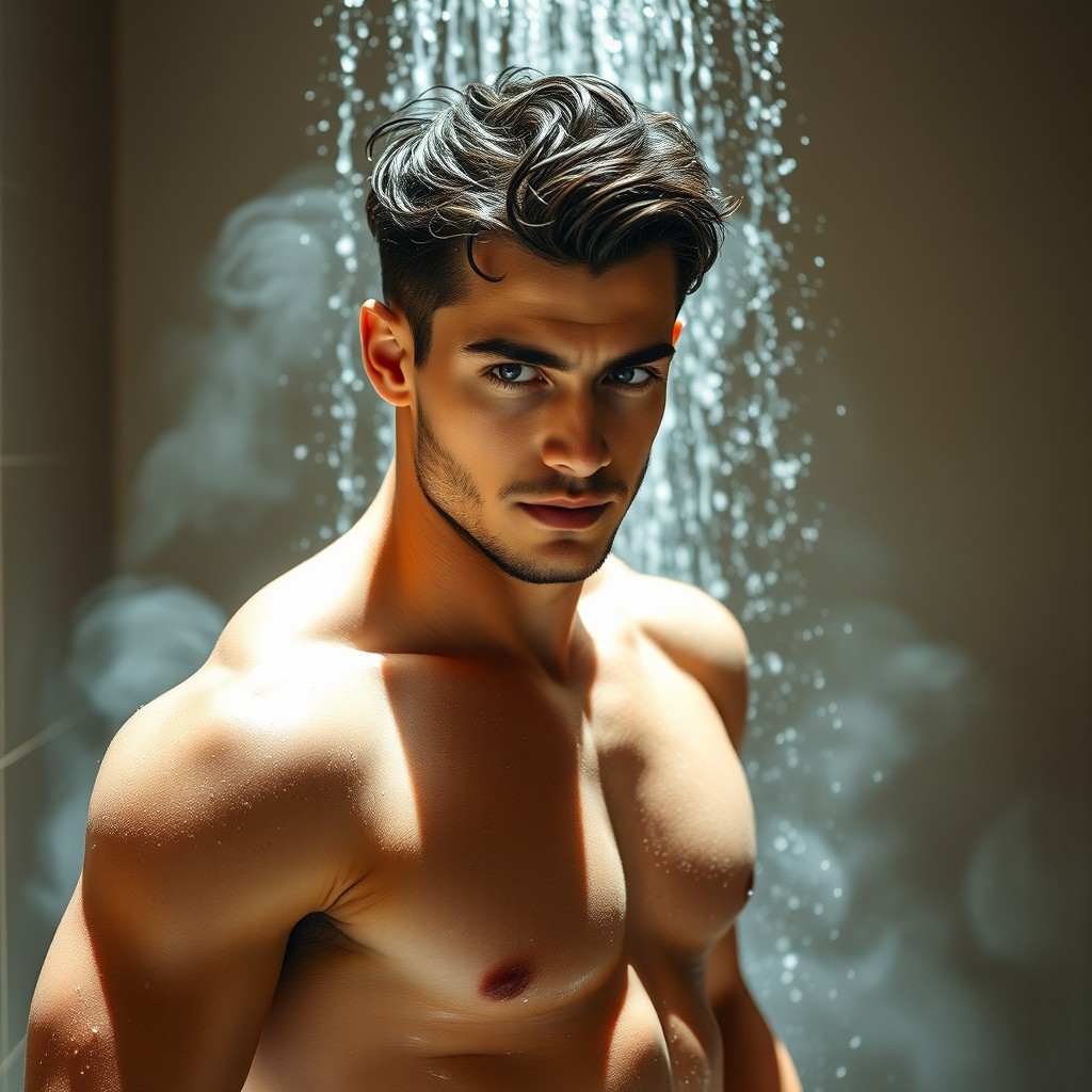 A young, handsome, and muscular man stepping out of the shower, with water droplets glistening on his skin