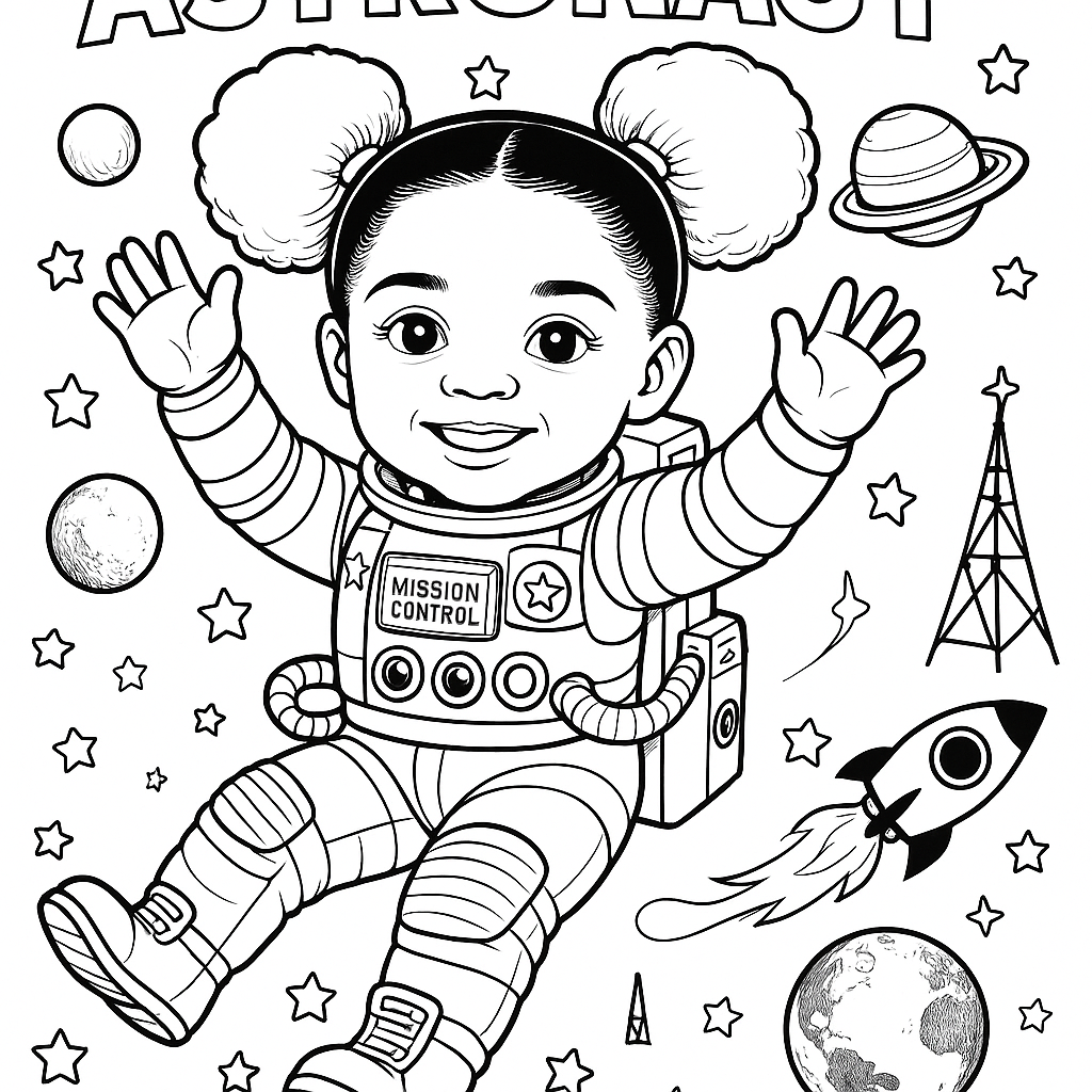 turn your niece into a coloring book-style astronaut character! To make the illustration as accurate and adorable as possible, I’ll now generate a black-and-white astronaut coloring page that features:

Your niece’s facial features and hairstyle

A space suit with patches, stars, planets, rockets, and "Mission Control"

Bold, clean outlines on a white background (perfect for coloring)

A fun header that says "ASTRONAUT"


Give me just a moment to create the image for you! 🚀👩🏾‍🚀🖍️