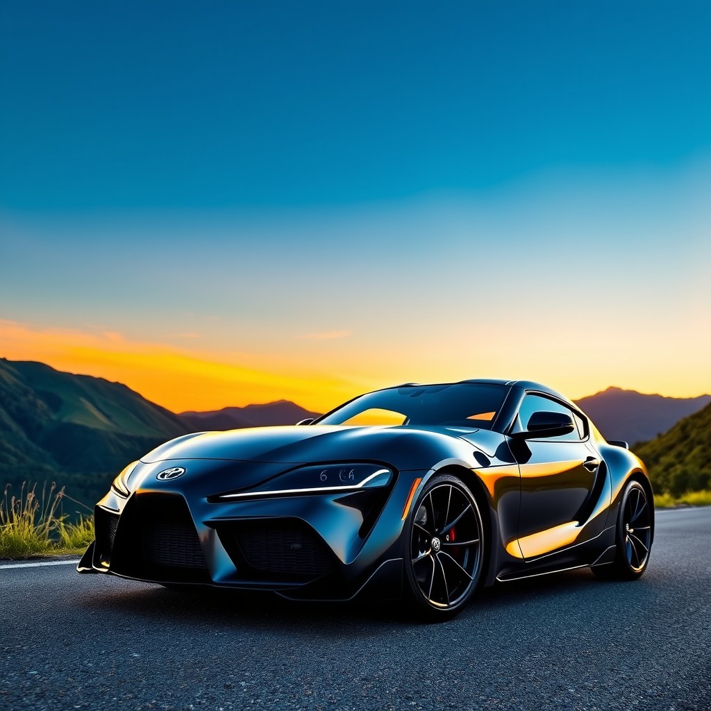 A stunning Toyota Supra MK7 parked on a scenic mountain road during sunset