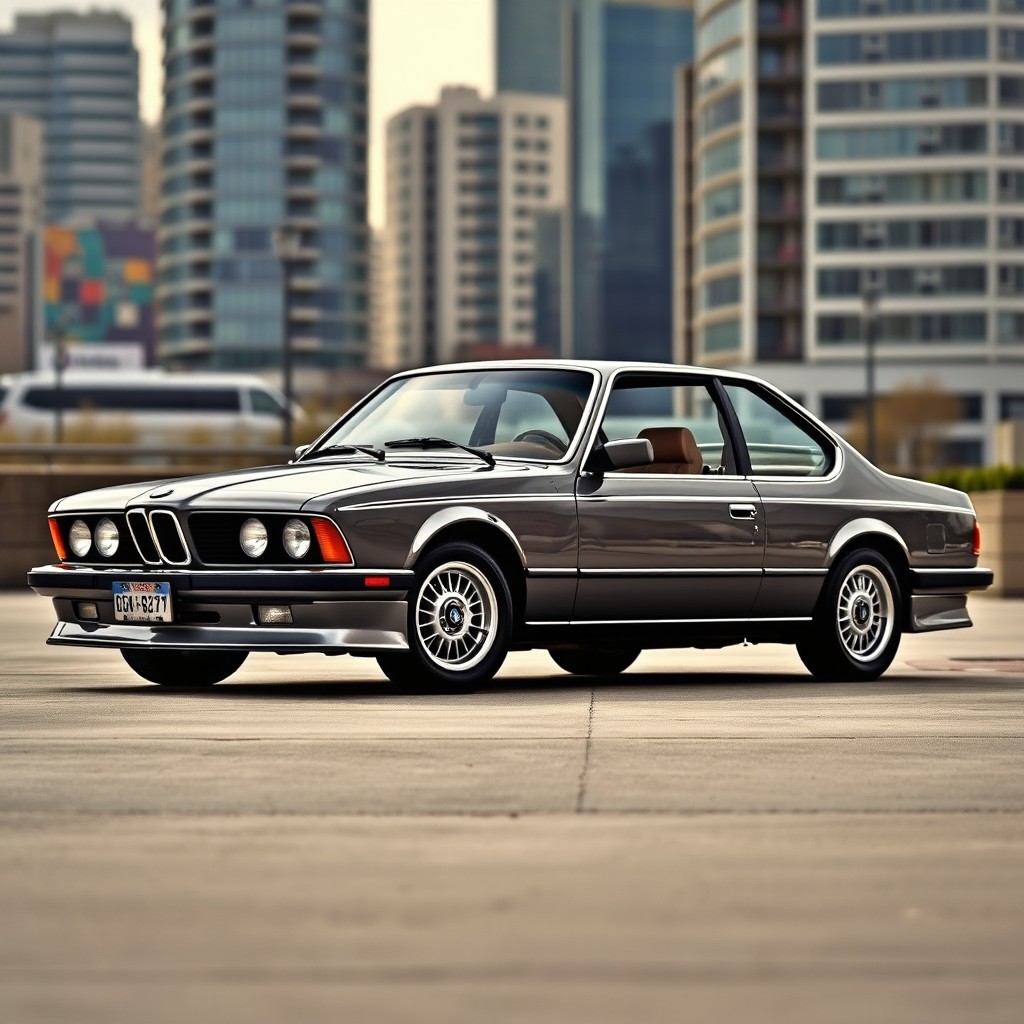 A stunning E24 BMW 635CSI depicted in a rich steel grey color, showcasing its iconic shape and sleek design