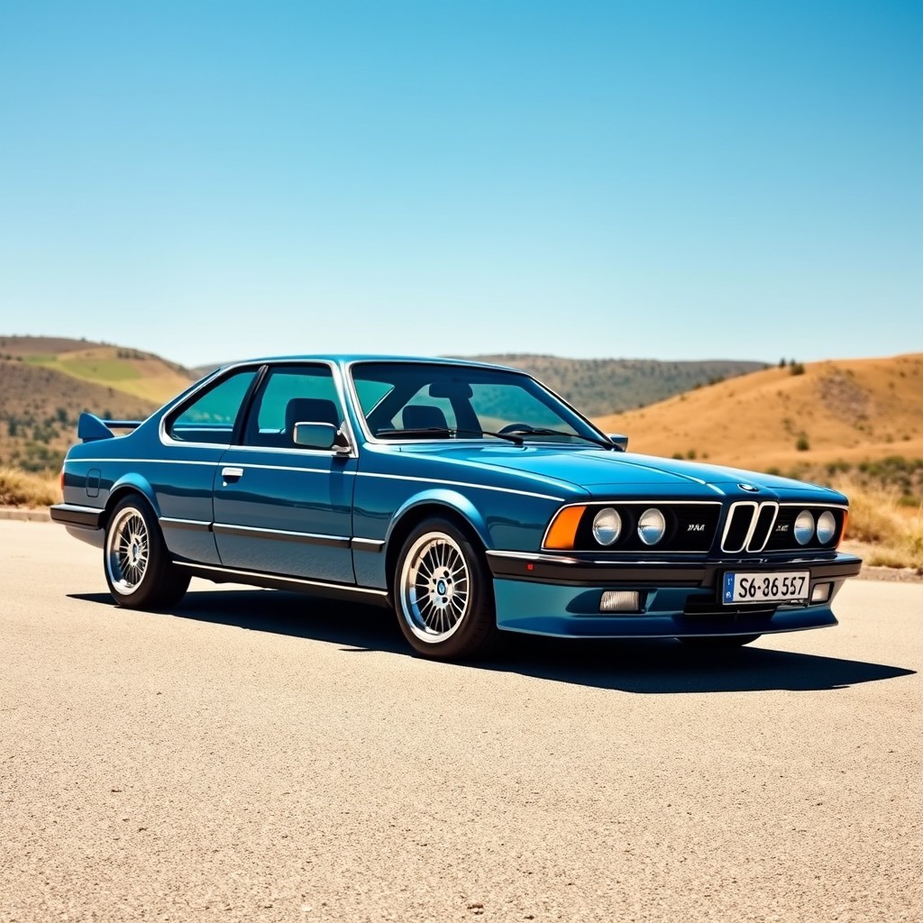 A breathtaking E24 BMW 635CSI portrayed in a striking steel blue color, highlighting its classic and sporty silhouette