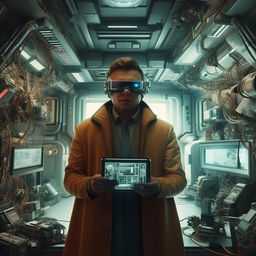 A technologically advanced man from the future, dressed in futuristic attire and surrounded by high-tech gadgets