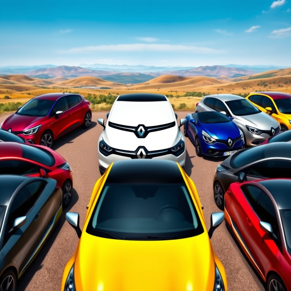 A stunning exhibition of the Renault Clio 5 in various colors showcased in an outdoor setting