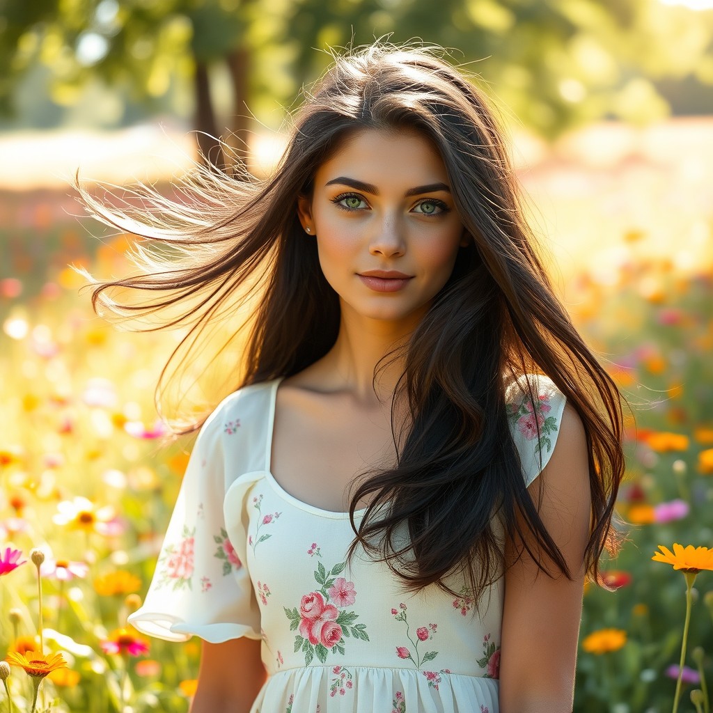 A young beautiful woman with flowing black hair and bright green eyes, wearing a delicate white dress adorned with floral patterns