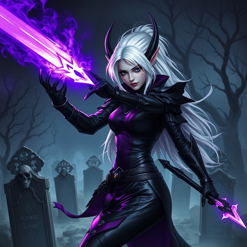 A female Shadekai elf portrayed as a Hexblade Warlock, showcasing striking white hair and adorned in form-fitting black leather armor