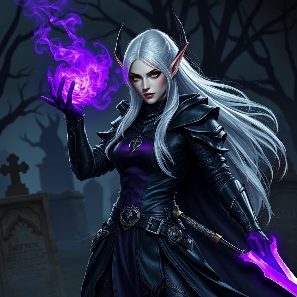 A female Shadekai elf portrayed as a Hexblade Warlock, with striking white hair and fitted black leather armor