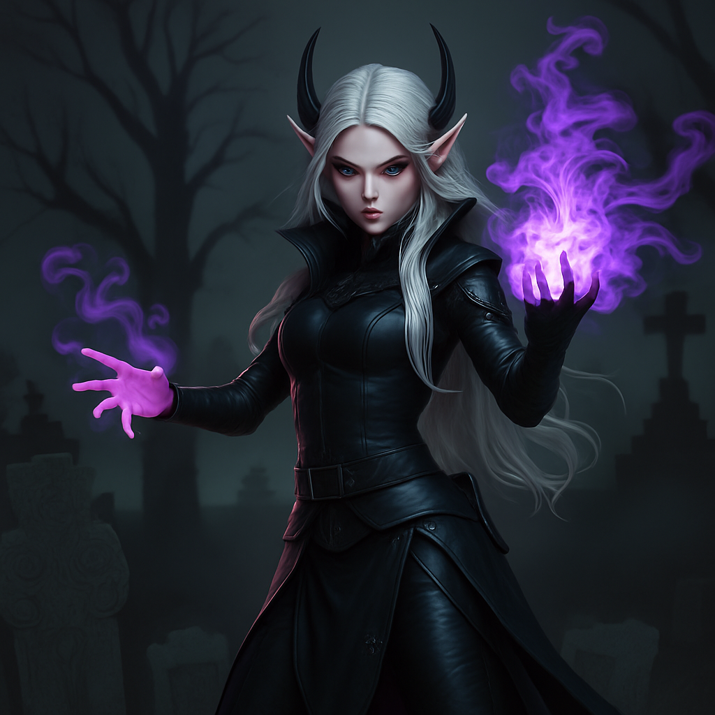 A striking female Shadekai elf, portrayed as a Hexblade Warlock, with long flowing white hair and prominent horns