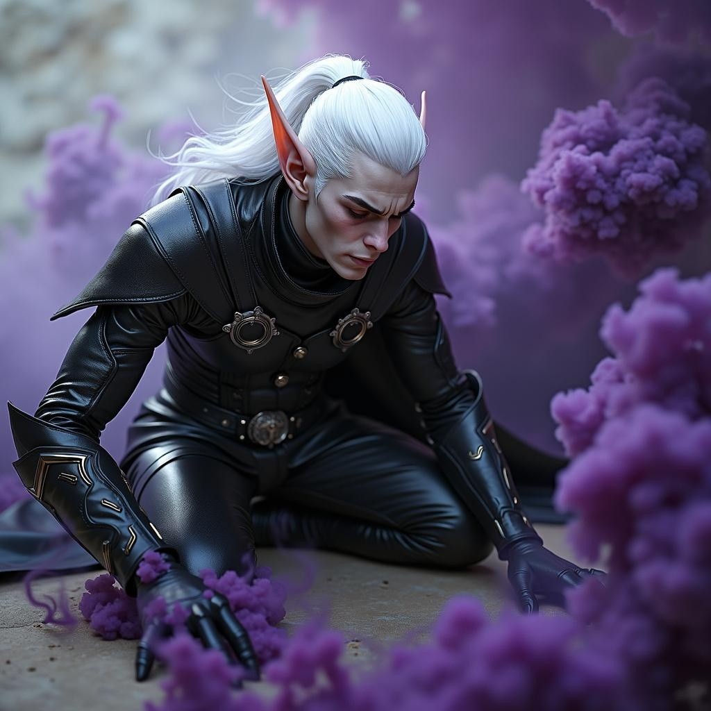A male Shadar-kai elf with striking white hair depicted as a hexblade warlock, elegantly designed in sleek black leather armor that hugs his athletic physique and showcases detailed textures and patterns
