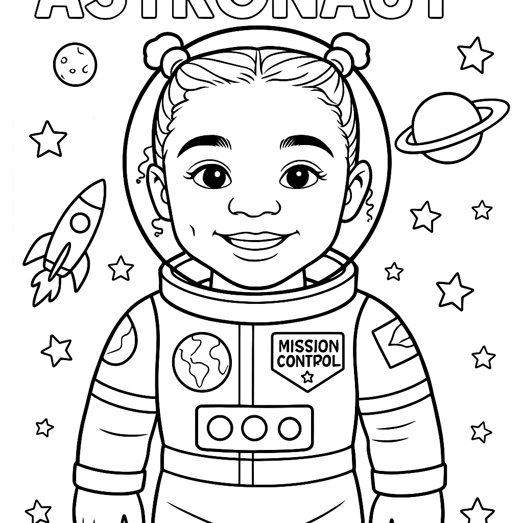 turn your niece into a coloring book-style astronaut character! To make the illustration as accurate and adorable as possible, I’ll now generate a black-and-white astronaut coloring page that features:

Your niece’s facial features and hairstyle

A space suit with patches, stars, planets, rockets, and "Mission Control"

Bold, clean outlines on a white background (perfect for coloring)

A fun header that says "ASTRONAUT"


Give me just a moment to create the image for you! 🚀👩🏾‍🚀🖍️