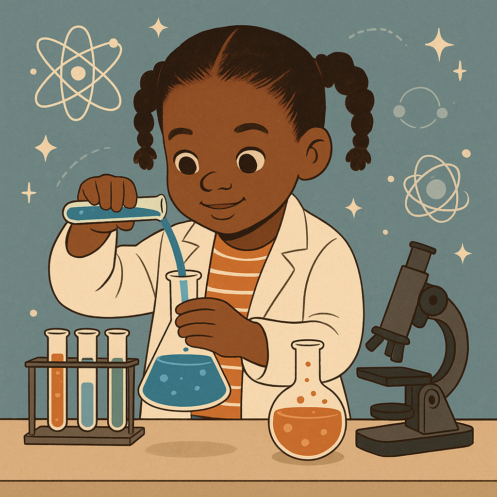 Make my sister an Illustration of a young Black girl scientist in a lab coat, pouring liquid from a test tube, with scientific equipment, atoms, and stars in the background.]