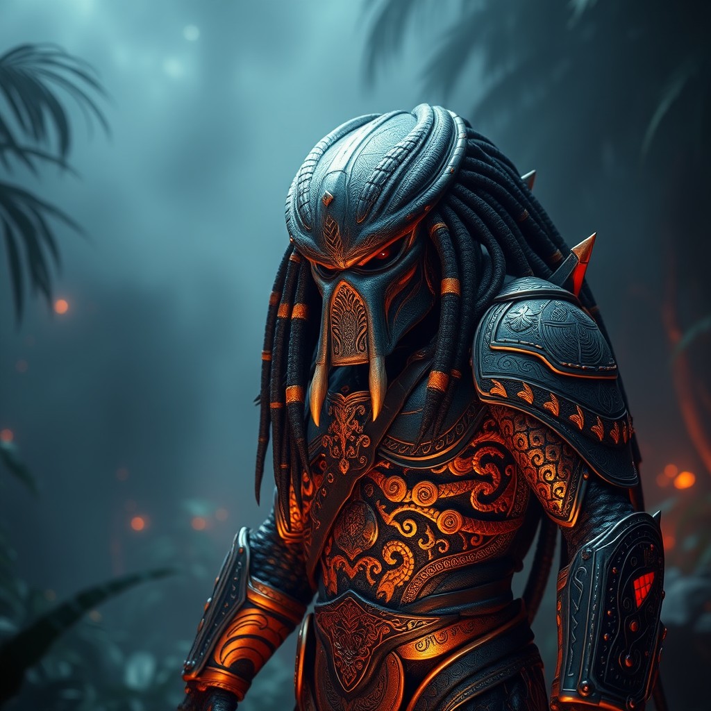 A strikingly detailed depiction of a Yautja (Predator) character showcasing its distinctive features