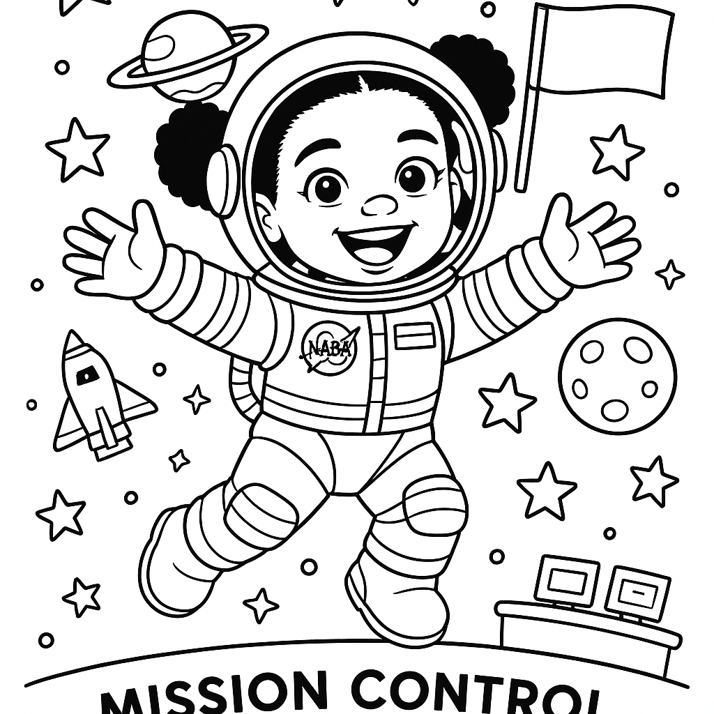 Illustration Prompt: Create a black-and-white coloring page of a joyful young Black girl astronaut (age 8–12) floating in space. She wears a detailed space suit with NASA patches and a clear visor showing her face and natural hair (styled in afro puffs or braids). Her arms are outstretched, expressing excitement as she reaches toward the stars. Include fun space elements with bold outlines: stars (including five-pointed), planets with rings or craters, a spaceship or space station, and a flag or scientific tool she's holding. At the bottom, add a simple “Mission Control” platform with small computers or screens. All lines must be clean and bold with no shading or grayscale. Ensure elements are easy for kids to color with clear separation.