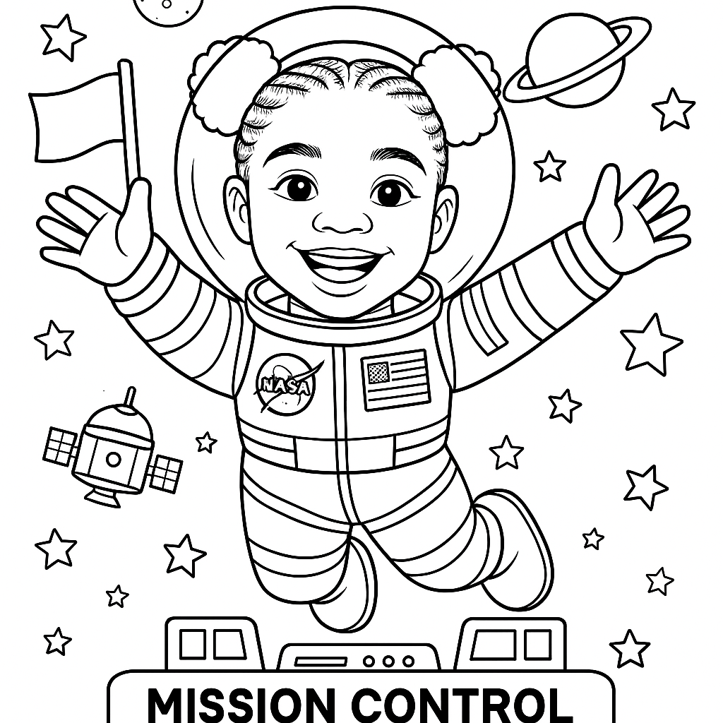 Illustration Prompt: Create a black-and-white coloring page of a joyful young Black girl astronaut (age 8–12) floating in space. She wears a detailed space suit with NASA patches and a clear visor showing her face and natural hair (styled in afro puffs or braids). Her arms are outstretched, expressing excitement as she reaches toward the stars. Include fun space elements with bold outlines: stars (including five-pointed), planets with rings or craters, a spaceship or space station, and a flag or scientific tool she's holding. At the bottom, add a simple “Mission Control” platform with small computers or screens. All lines must be clean and bold with no shading or grayscale. Ensure elements are easy for kids to color with clear separation.