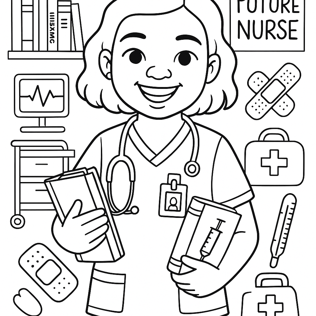 Create a black-and-white coloring book illustration of a young Black girl nurse inspired by the photo provided. She should wear scrubs, a stethoscope around her neck, and a nurse badge. Her natural hair and joyful expression must be visible and accurately represented. She’s standing proudly with a clipboard in one hand and a medical book or syringe in the other. Around her, include bold, kid-friendly elements: a hospital cart, heart monitor, nurse bag, thermometer, and bandages. In the background, place a bookshelf with nursing books and a poster that says “Future Nurse.” Use clean, bold outlines on a white background. No shading or color—just simple, clear lines perfect for young kids to color. Make her look smart, strong, and caring to inspire other young Black children to dream big in healthcare.