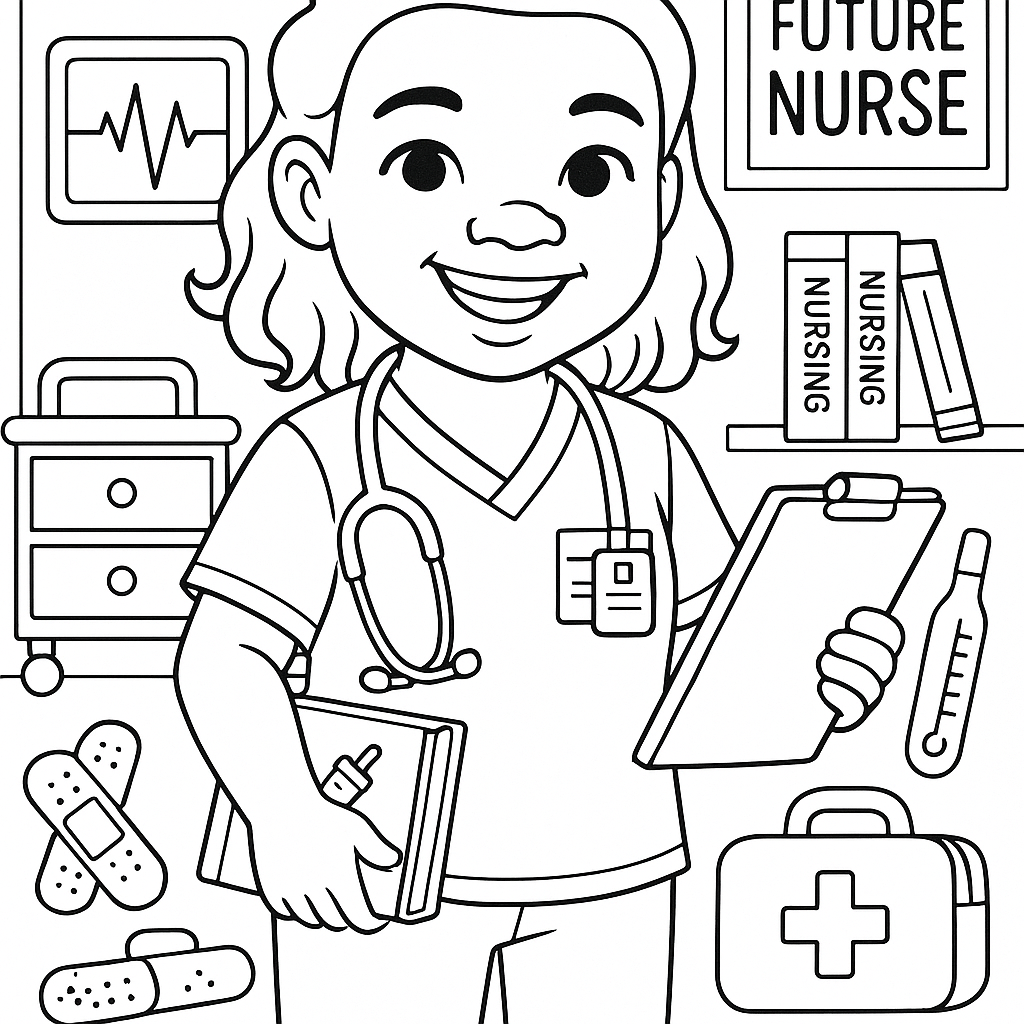 Create a black-and-white coloring book illustration of a young Black girl nurse inspired by the photo provided. She should wear scrubs, a stethoscope around her neck, and a nurse badge. Her natural hair and joyful expression must be visible and accurately represented. She’s standing proudly with a clipboard in one hand and a medical book or syringe in the other. Around her, include bold, kid-friendly elements: a hospital cart, heart monitor, nurse bag, thermometer, and bandages. In the background, place a bookshelf with nursing books and a poster that says “Future Nurse.” Use clean, bold outlines on a white background. No shading or color—just simple, clear lines perfect for young kids to color. Make her look smart, strong, and caring to inspire other young Black children to dream big in healthcare.