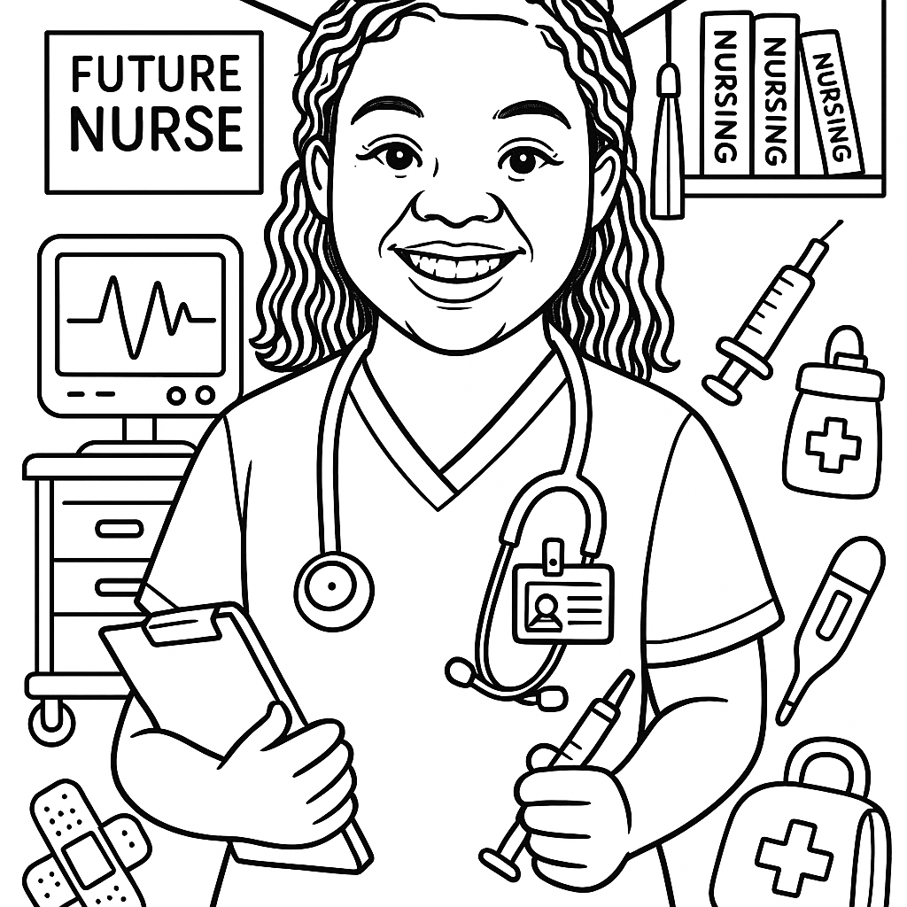 Create a black-and-white coloring book illustration of the photo attached. Use her face. She should wear scrubs, a stethoscope around her neck, and a nurse badge. Her natural hair and joyful expression must be visible and accurately represented. She’s standing proudly with a clipboard in one hand and a medical book or syringe in the other. Around her, include bold, kid-friendly elements: a hospital cart, heart monitor, nurse bag, thermometer, and bandages. In the background, place a bookshelf with nursing books and a poster that says “Future Nurse.” Use clean, bold outlines on a white background. No shading or color—just simple, clear lines perfect for young kids to color. Make her look smart, strong, and caring to inspire other young Black children to dream big in healthcare.