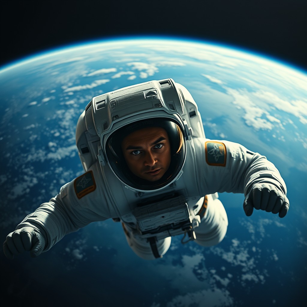 A realistic astronaut floating in the vastness of space without wearing a helmet, showcasing a serene yet dramatic expression