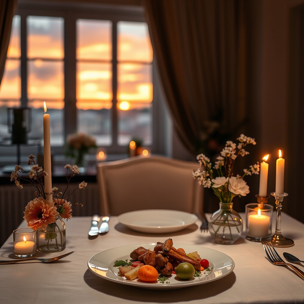 A warm and inviting scene of a beautifully set dining table for two, adorned with flickering candles, delicate floral arrangements, and elegant dinnerware