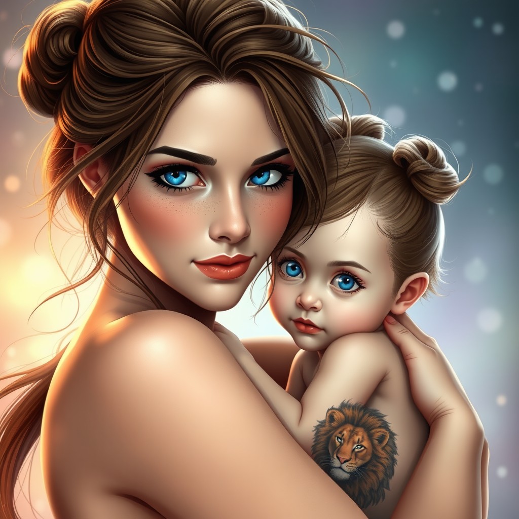 A digital art style depiction of a woman with a lion tattoo on her right arm, her blue eyes sparkling with warmth and taking center stage