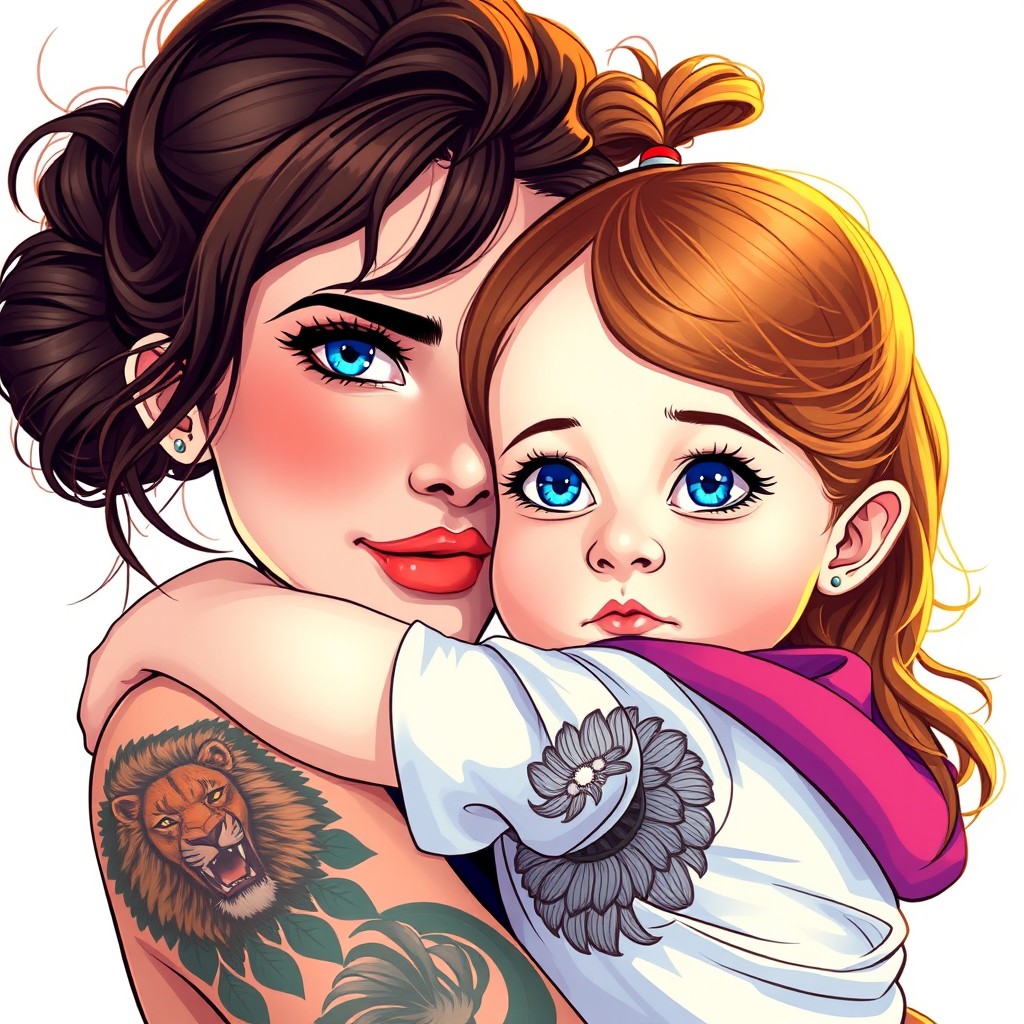 A new age digital art style illustration of a woman holding a little girl