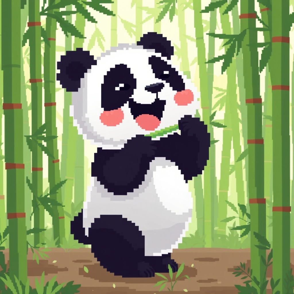 A pixel illustration depicting a cute panda joyfully eating bamboo in a vibrant bamboo forest