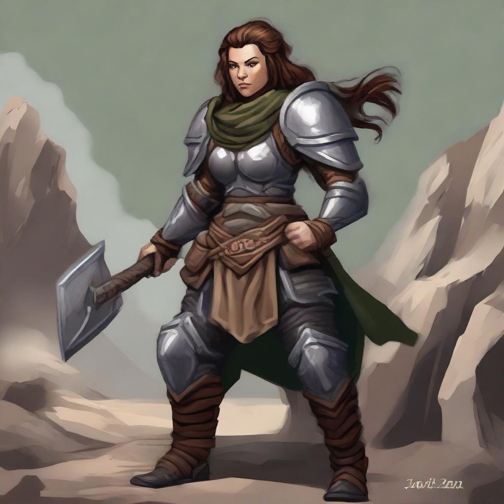 Create an image of a female dwarven earthbender dressed in heavy armor. She is using her powers to conjure a wall made from rocks and timber, rising from the ground.