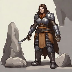 Create an image of a female dwarven earthbender dressed in heavy armor. She is using her powers to conjure a wall made from rocks and timber, rising from the ground.