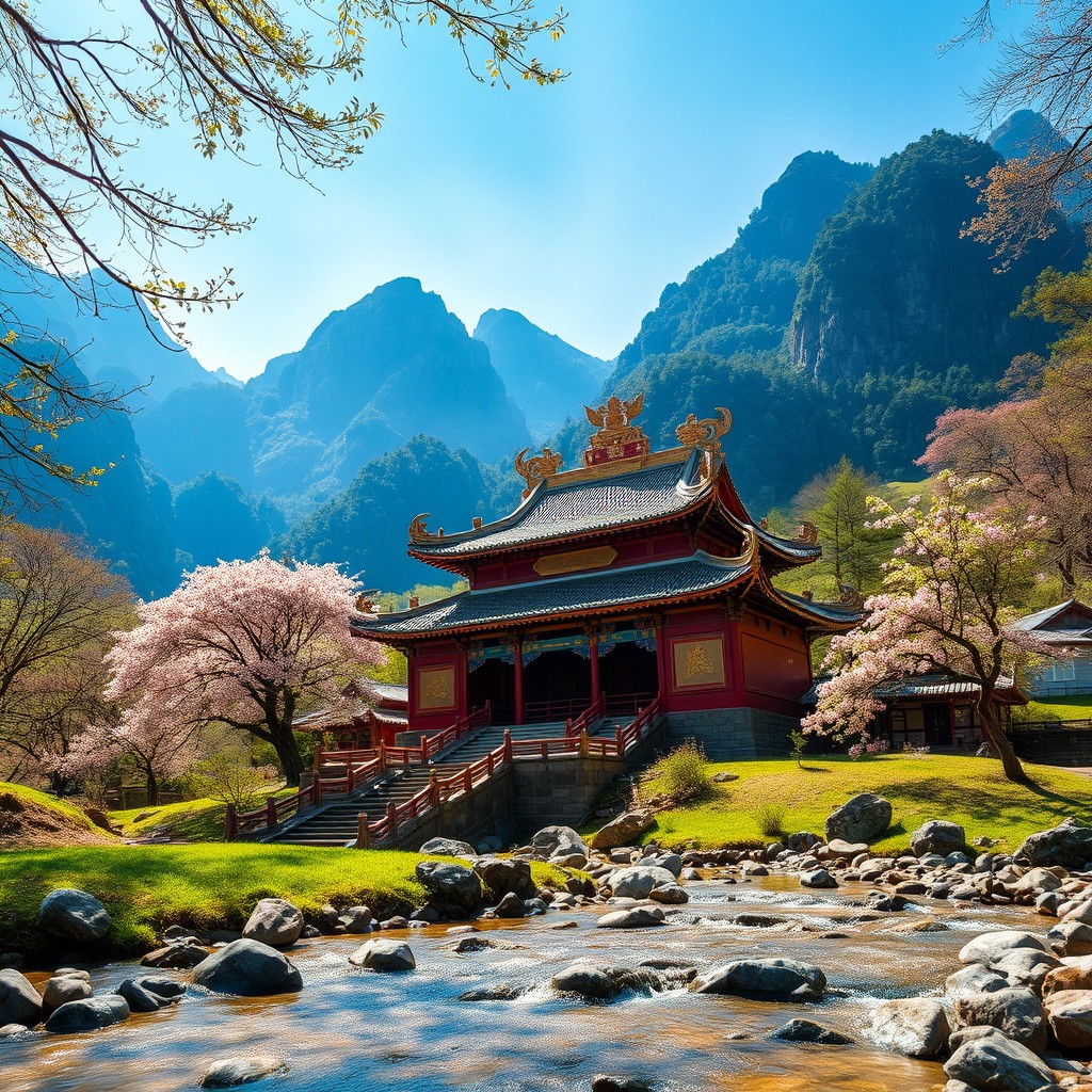 An ancient Chinese temple nestled in a lush green landscape, surrounded by towering mountains
