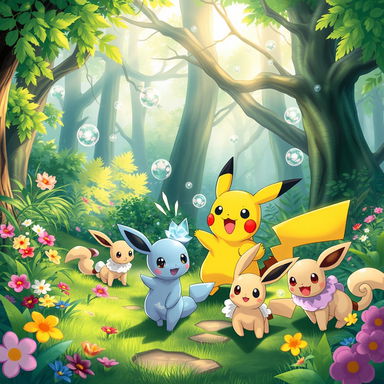 A vibrant and dynamic scene featuring a variety of Pokemon in an enchanting forest setting