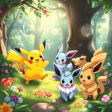 A vibrant and dynamic scene featuring a variety of Pokemon in an enchanting forest setting