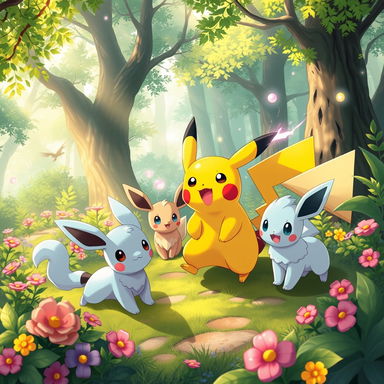 A vibrant and dynamic scene featuring a variety of Pokemon in an enchanting forest setting