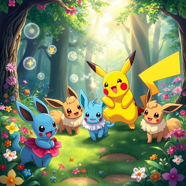 A vibrant and dynamic scene featuring a variety of Pokemon in an enchanting forest setting