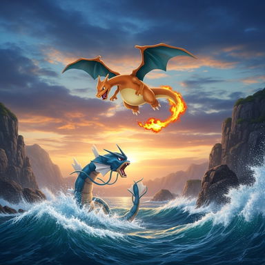 An epic cinematic shot featuring a powerful Pokemon battle scene in a dramatic landscape