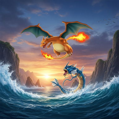 An epic cinematic shot featuring a powerful Pokemon battle scene in a dramatic landscape