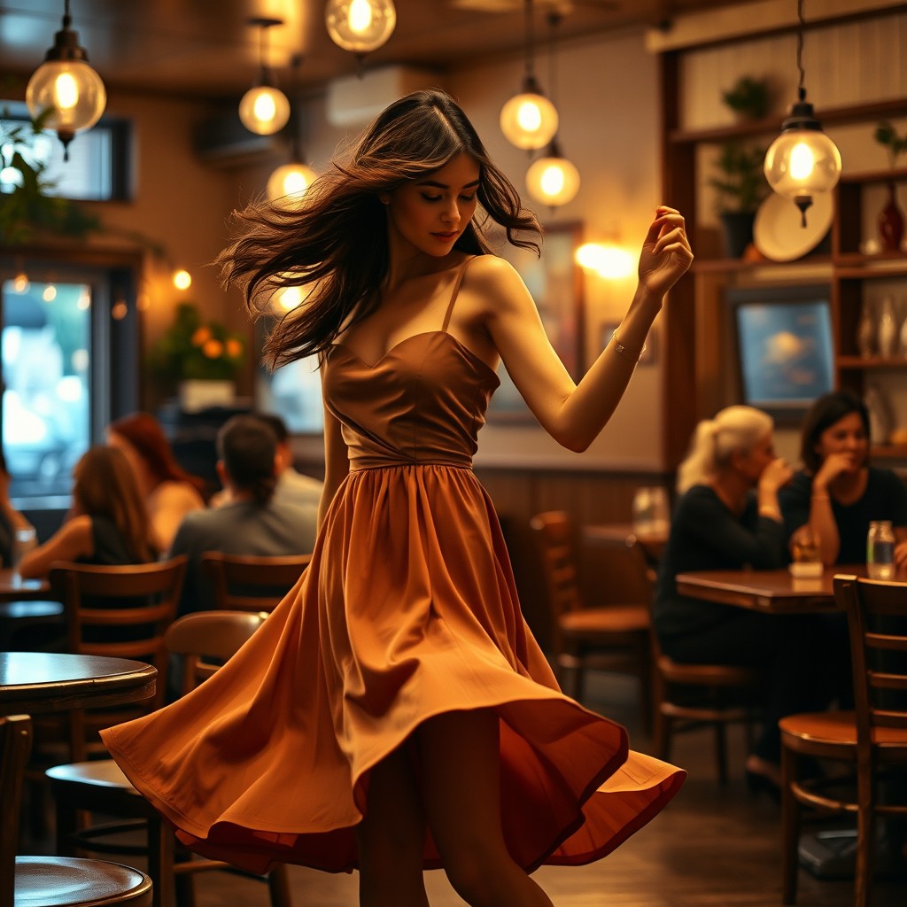 A beautiful brunette woman elegantly dancing in a cozy cafe filled with warm ambient light