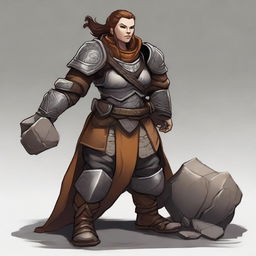 Create an image of a female dwarven earthbender dressed in heavy armor. She is using her powers to conjure a wall made from rocks and timber, rising from the ground.