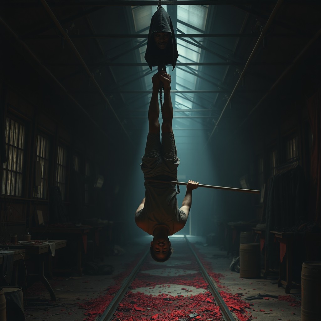 A crime scene depicting a man hanging upside down by his legs in an abandoned train workshop, surrounded by dark and ritualistic symbolism associated with satanic practices