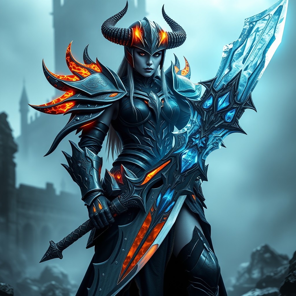 An epic fantasy warrior wearing a fused fire-and-ice elemental armor