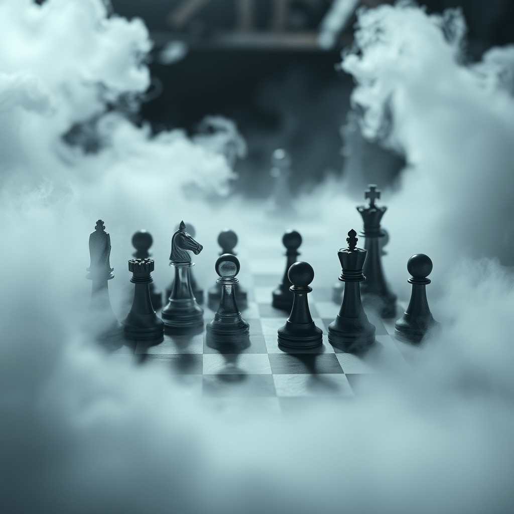 A chessboard in the midst of a mysterious fog, pieces elegantly arranged in the middle of a strategic game