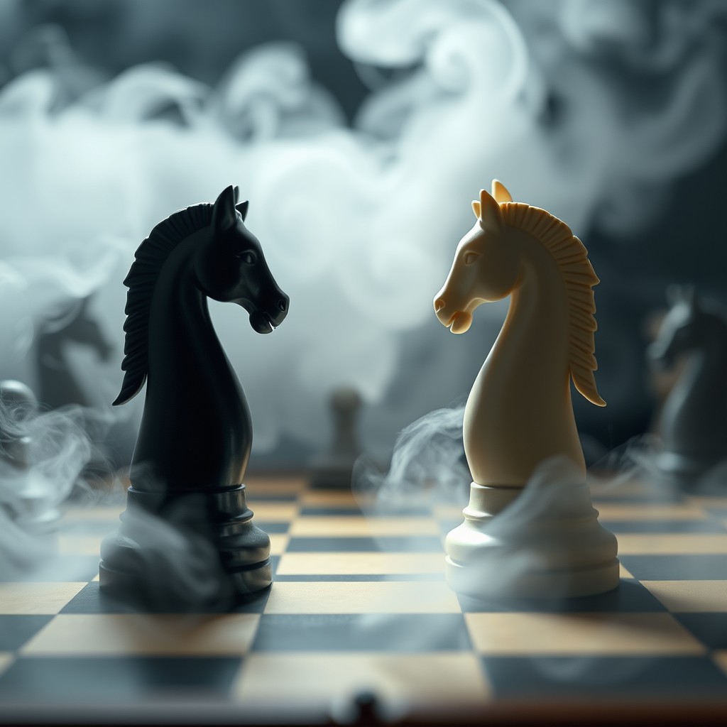 A chessboard featuring two knights, one black and the other white, positioned face to face as if in a pivotal moment of a game