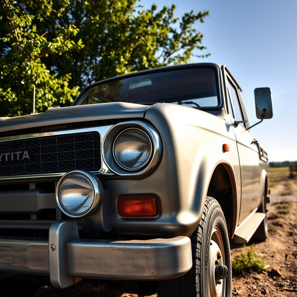 A close-up view of a classic Toyota Stout 2200, showcasing its iconic design features like the rugged grill, round headlights, and vintage styling