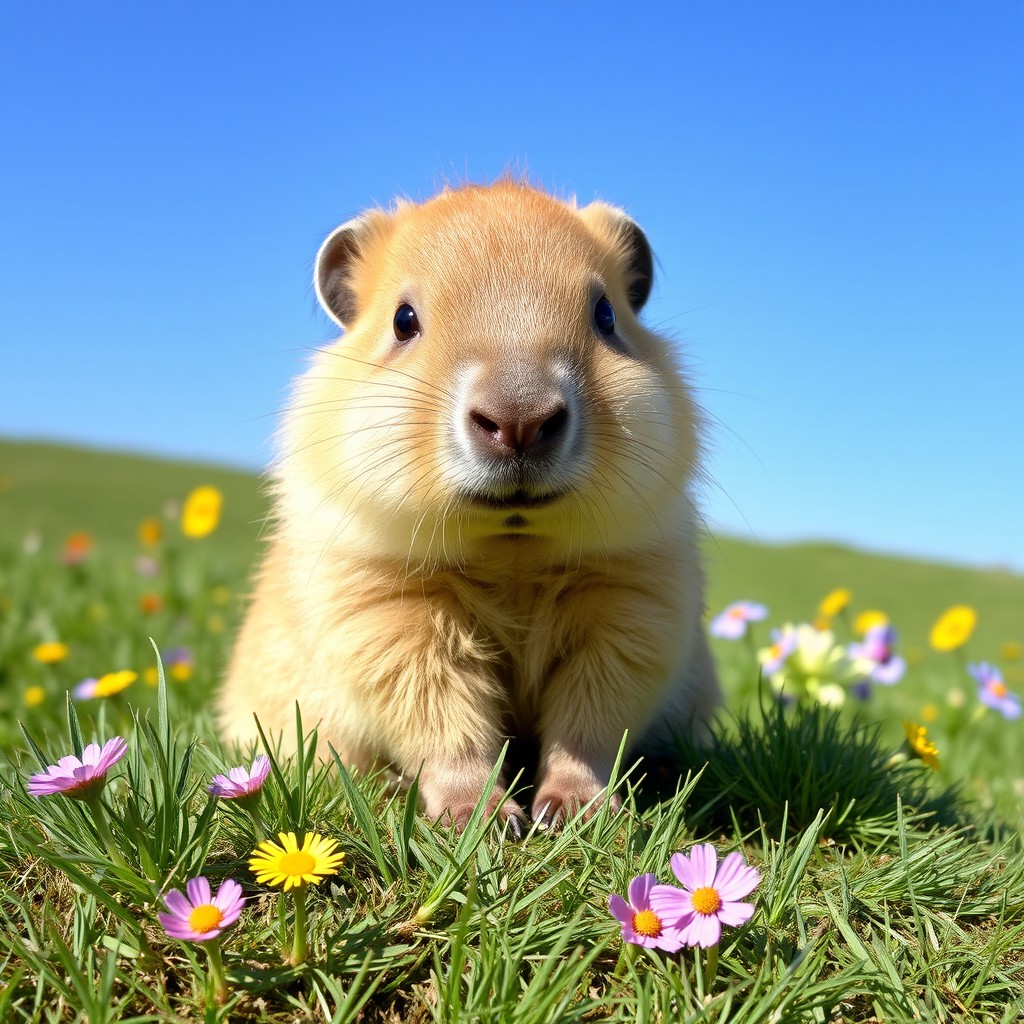 A charming baby capybara sitting on a soft, green patch of grass, surrounded by colorful wildflowers under a bright blue sky